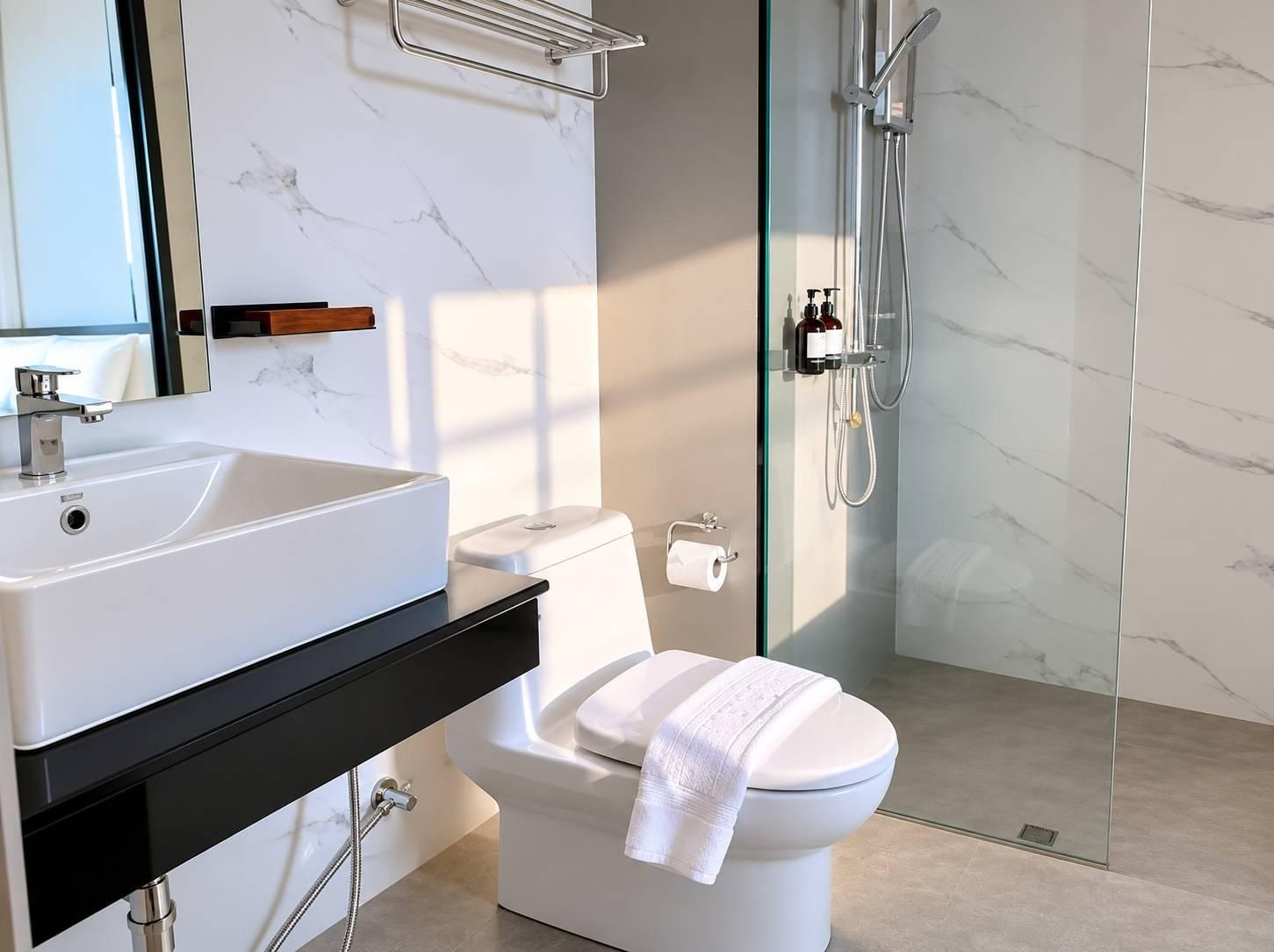 A modern bathroom with a white sink, toilet, and glass shower enclosure.