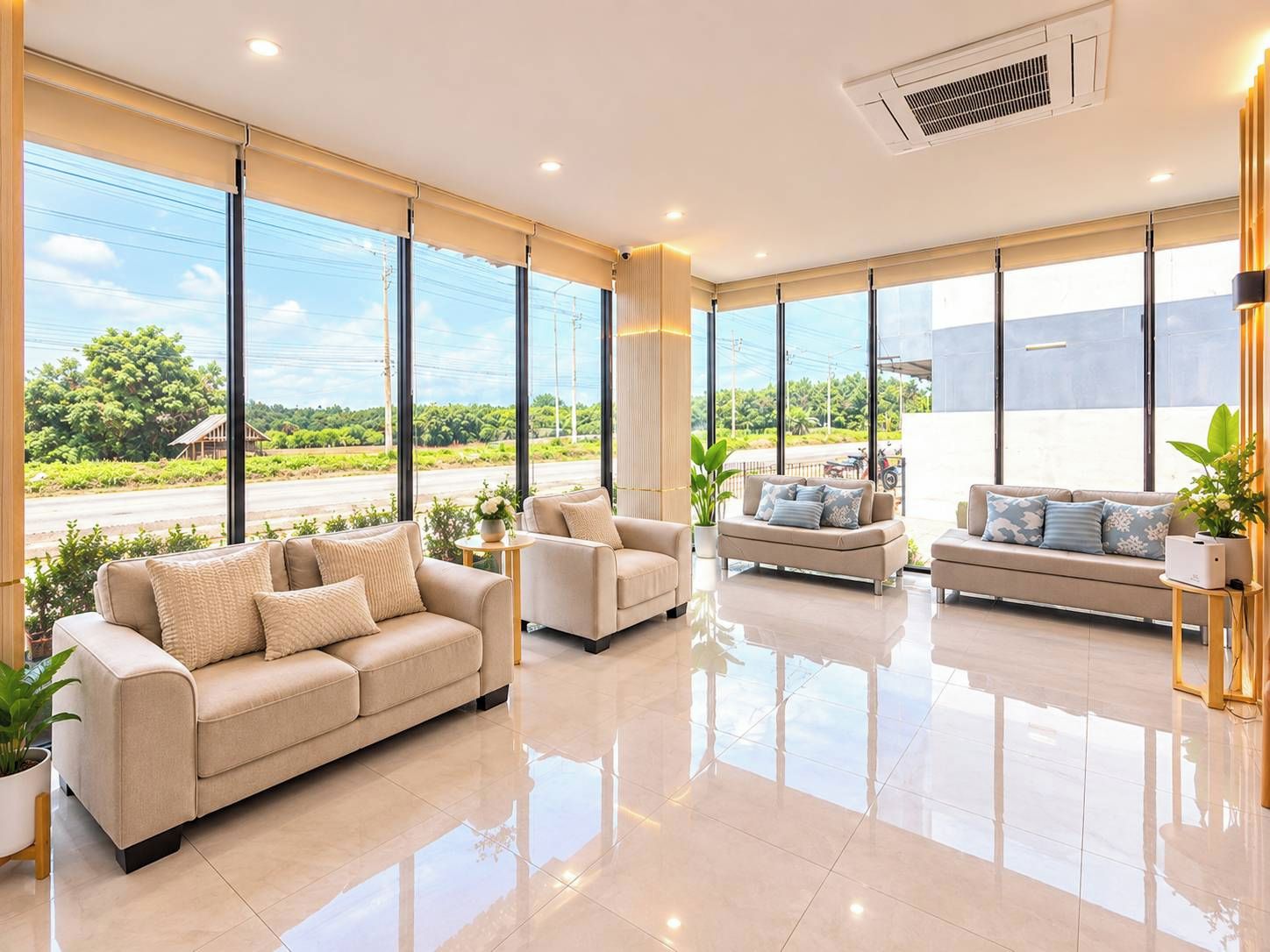 A spacious living room with large windows, a sofa set, and a coffee table.