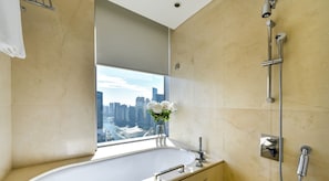 Hair dryer, bidet, towels, soap