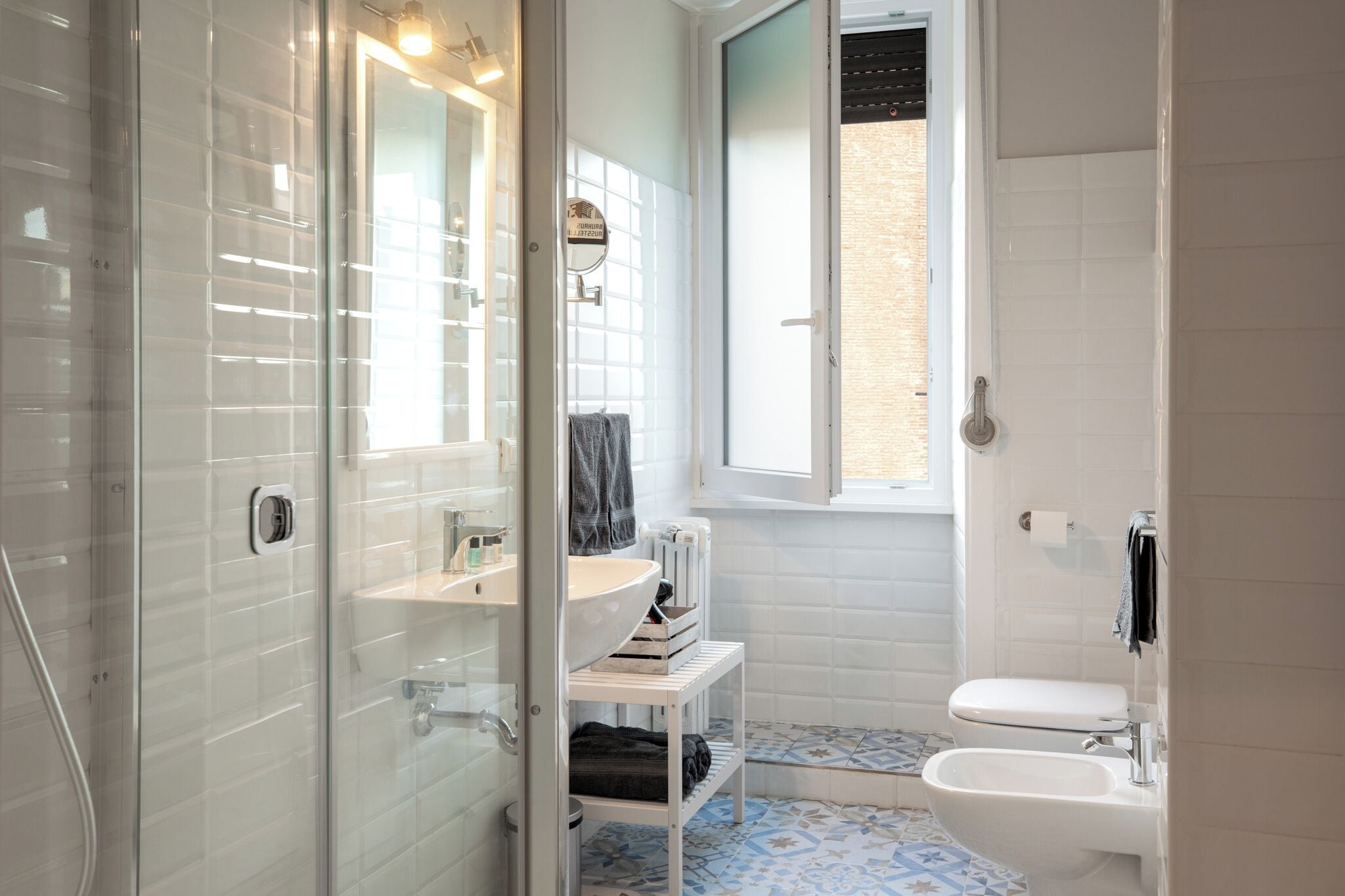 Shower, hair dryer, bidet, towels