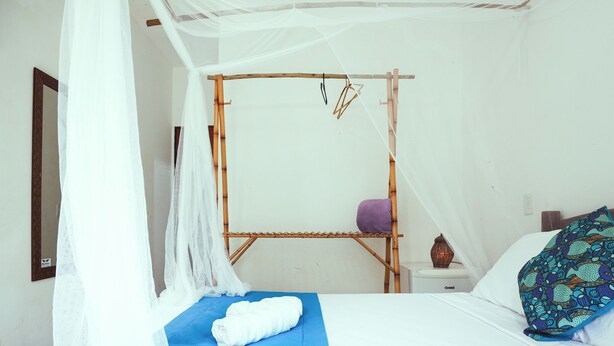 Una habitación con una cama, mosquitero, estante de madera y una mesita con un florero.