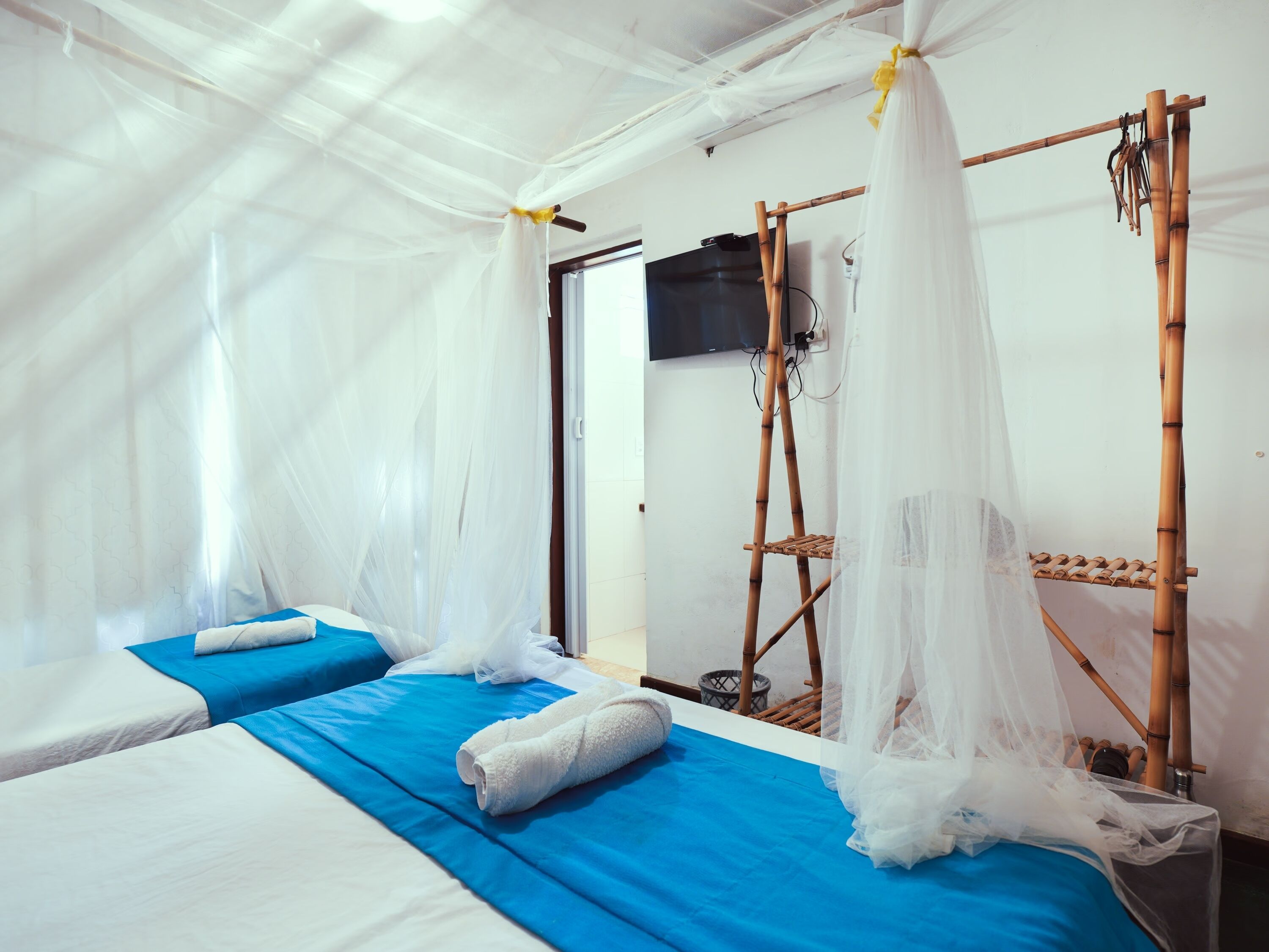 A room with two beds, each with a blue bedspread and white pillows. A mosquito net is draped over the beds.