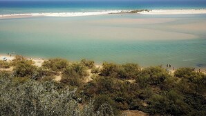 A beach with clear waters, sandy shores, and sparse vegetation. - Aris Apartment, Vila Nova de Cacela, Algarve (Vila Nova de Cacela)