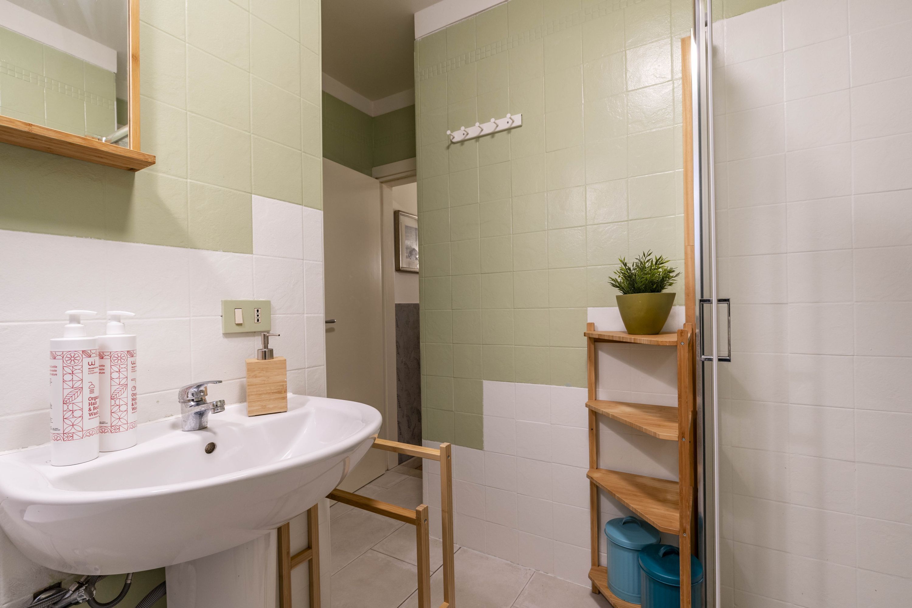 A bathroom with a white sink, green and white tiles, a wooden shelf with a potted plant, and a mirror above the sink.