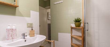 A bathroom with a white sink, green and white tiles, a wooden shelf with a potted plant, and a mirror above the sink.