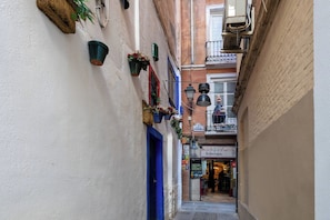 A narrow alley with a blue door, potted plants, and a building with a balcony.