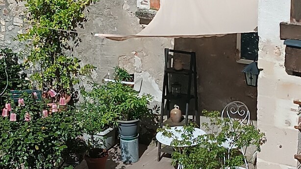 An outdoor patio area with potted plants, a table, and chairs.