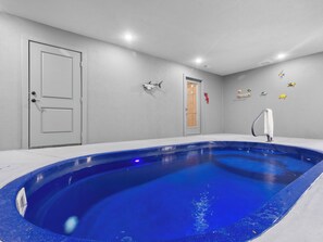 A swimming pool with a blue interior, a door, and a wall with fish decorations.