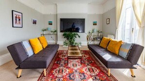 A living room with two dark sofas, a patterned rug, a TV, and a plant.