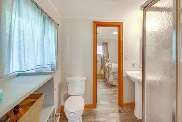 A bathroom with a toilet, sink, and shower area. - 10 Mi to National Park: Patio at Hot Springs Home (Hot Springs)