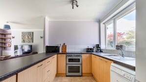 Une cuisine compacte avec des meubles en bois, un four double et un lave-vaisselle.