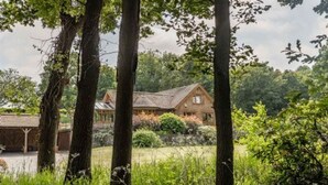 A rustic house with a sloped roof, surrounded by tall trees and lush greenery.