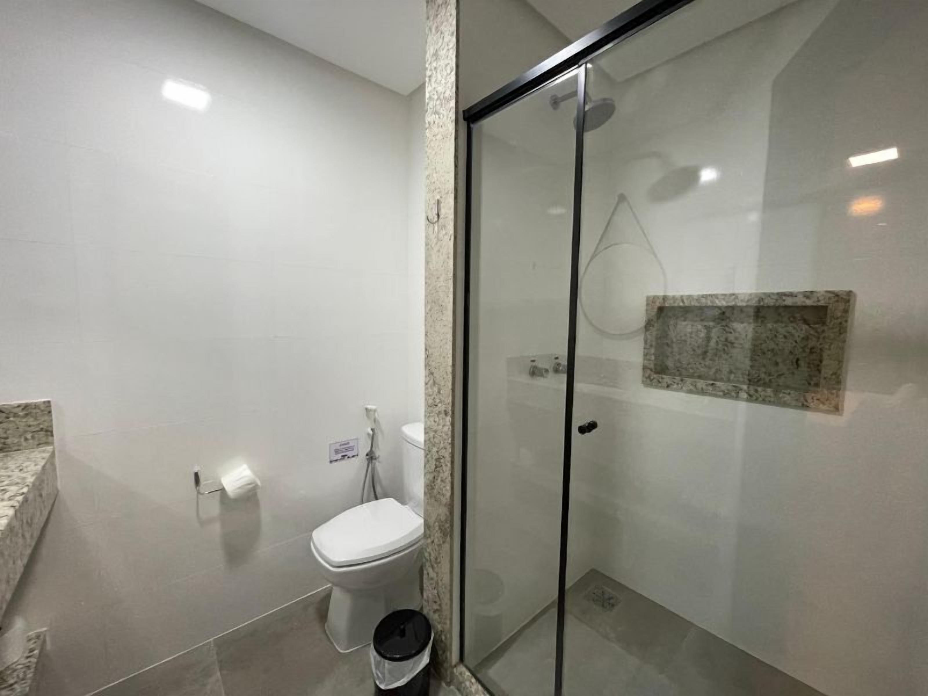 A modern bathroom with a glass shower enclosure, a toilet, and a marble countertop.