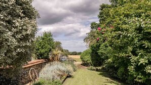 A narrow garden pathway flanked by dense foliage and a stone wall. - Host Stay Sandpipers (Holt)