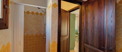 Un baño con ducha, inodoro y puerta de madera.