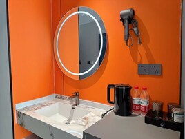 Hair dryer, towels, soap, shampoo