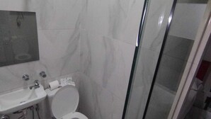 A bathroom with a glass shower enclosure, a toilet, and a sink with a mirror above it. - Hotel Rodoviária Belo Horizonte (Belo Horizonte)