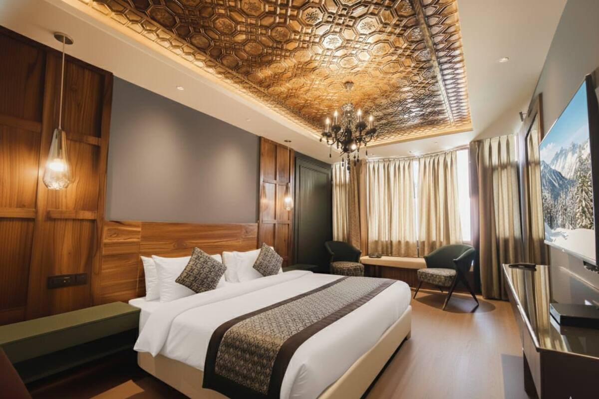 A hotel room with a large bed, wooden paneling, a chandelier, a TV, and a mountain view.