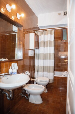 Hair dryer, bidet, towels, toilet paper