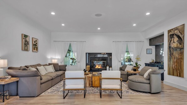 Smart TV, fireplace, foosball, table tennis