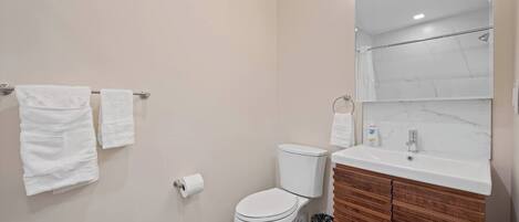 Une salle de bain avec des toilettes, un lavabo et un miroir. Deux serviettes blanches sont suspendues à un porte-serviettes.