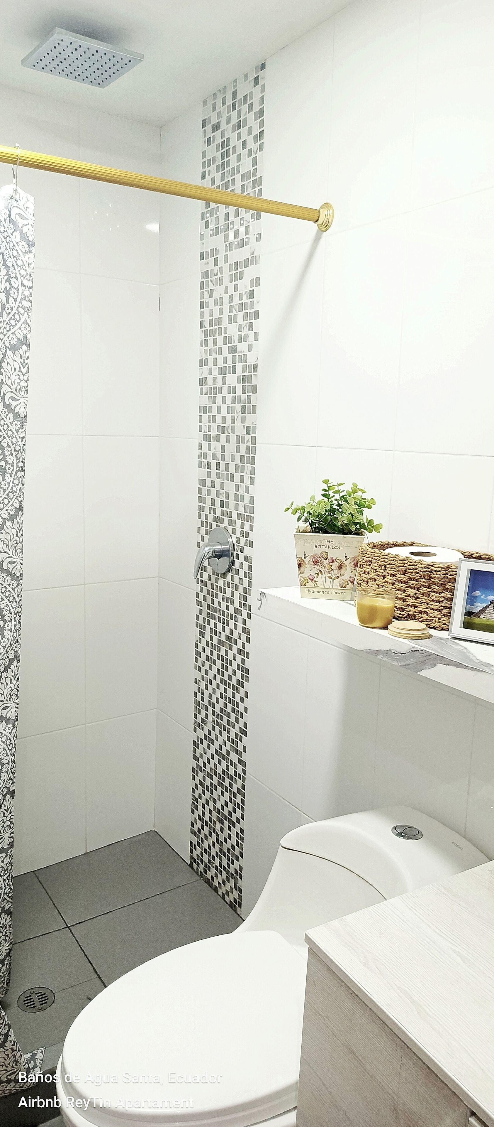 Chuveiro, secador de cabelo, toalhas de banho, sabonete