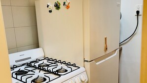 A kitchen with a gas stove, a refrigerator, and a wall socket. - Charming 2-bedroom apartment in delightful New York with WiFi, AC (New York)