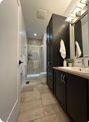 Regadera, secadora de cabello, toallas, jabón 