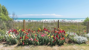Uitzicht op een strand met een houten hek en kleurrijke bloemen op de voorgrond.