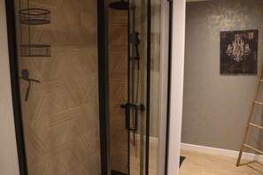 Shower, hair dryer, towels, toilet paper