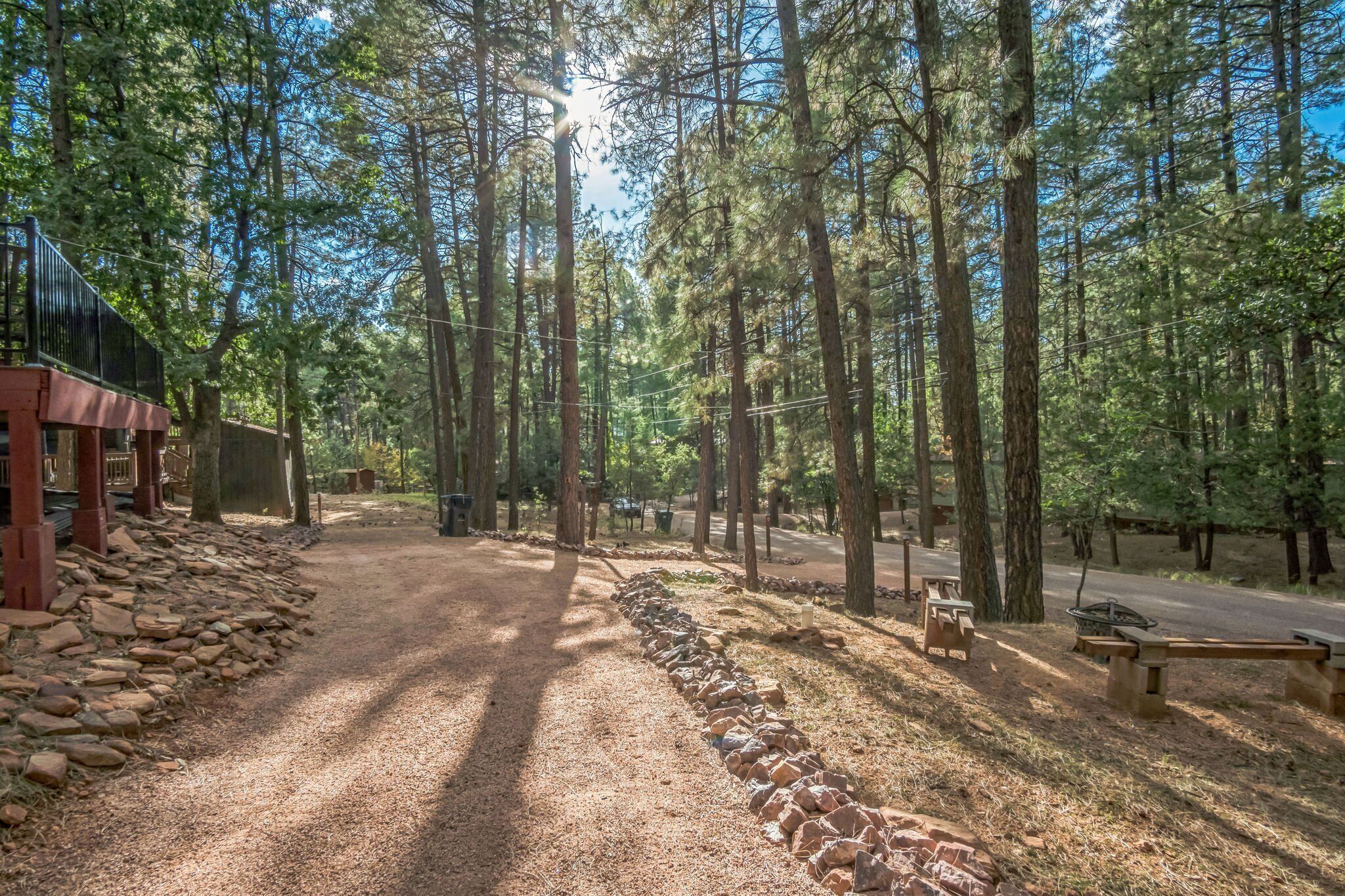Ein bewaldetes Gebiet mit einem Feldweg, einer Steinmauer und hölzernen Bänken.
