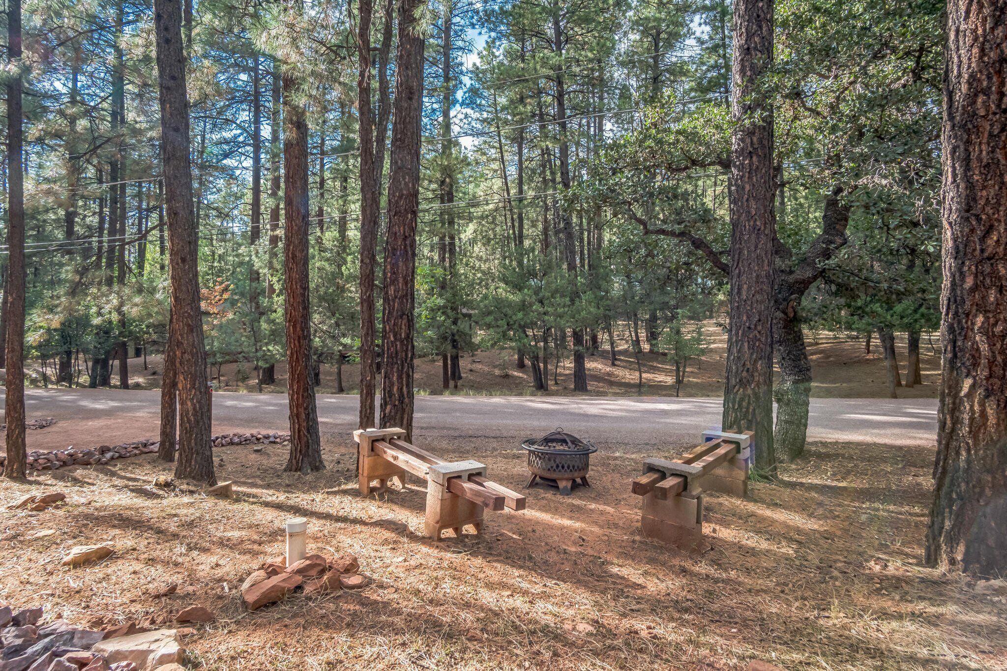 A campsite with two wooden benches, a fire pit, and a paved path.