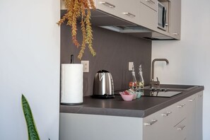 Réfrigérateur, four à micro-ondes, vaisselle et ustensiles