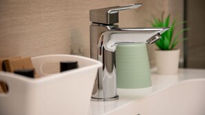 A modern bathroom with a chrome faucet, a white sink, and a green plant in a white pot. - CAMELOT APARTMENT RED8 (VERONA)