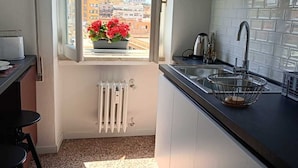 A kitchen with a window, a radiator, and a view of buildings. - Your window overlooking St. Peter's (Roma)