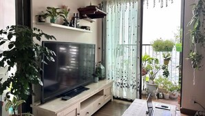 A living room with a flat-screen TV on a cabinet, a laptop on a table, and various potted plants.