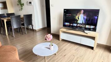 Smart TV, fireplace, video library