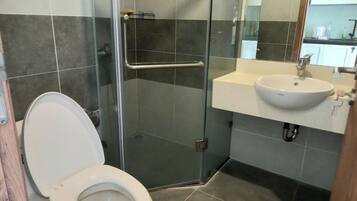 Hair dryer, towels, soap, toilet paper