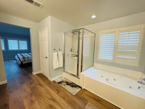 Hair dryer, towels, soap, shampoo