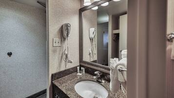 Hair dryer, towels, soap, toilet paper