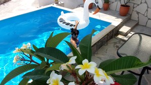 Piscina com um flutuador em formato de cisne, cercada por plantas em vasos e uma cadeira.
