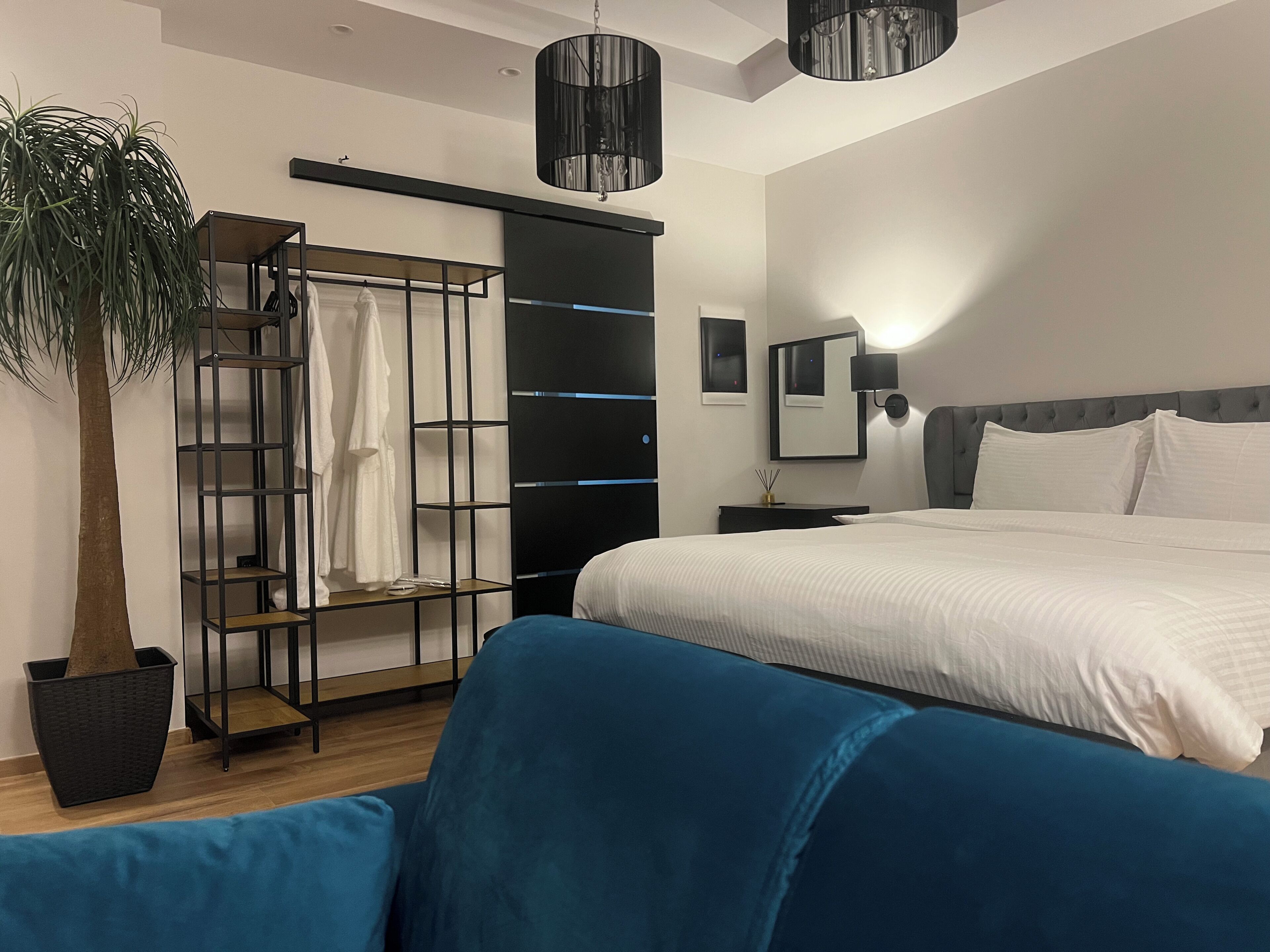 Un dormitorio moderno con una cama, un sofá azul, una planta, un armario y un espejo.