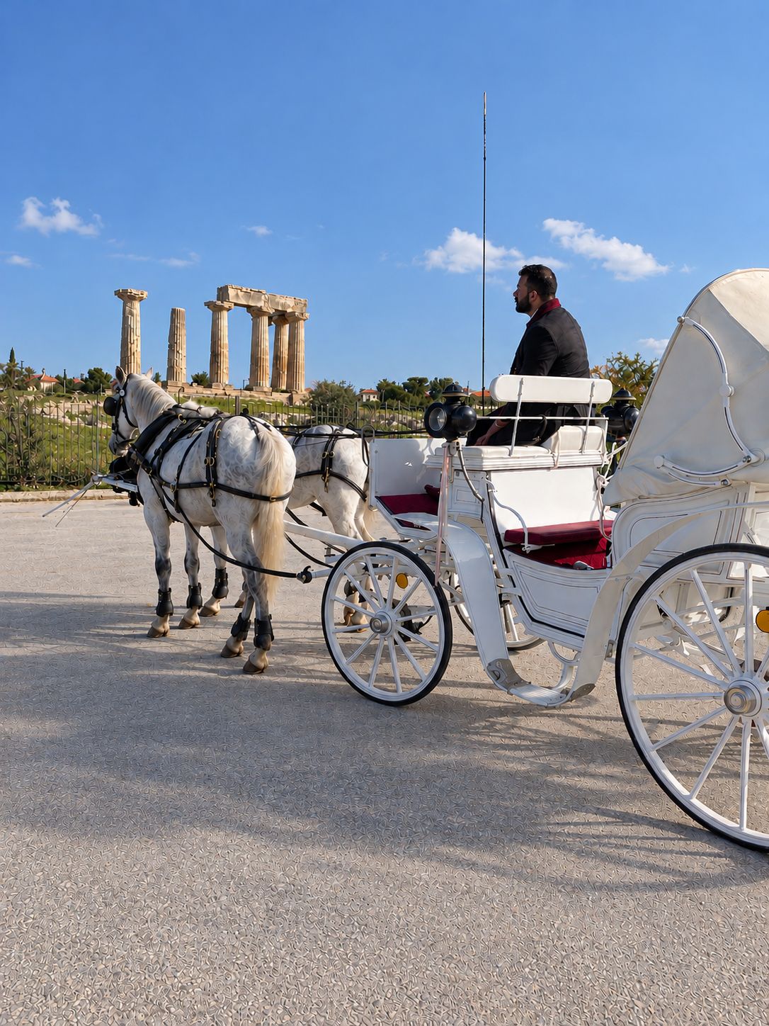 A horse-drawn carriage with a driver, white horses, and ancient columns in the background.
