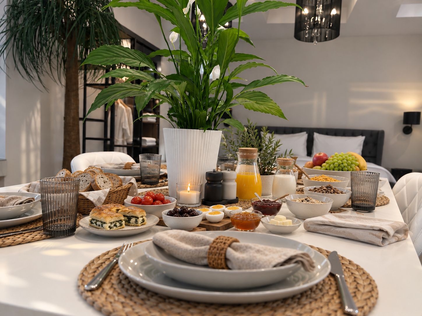 Een ontbijtsetting met diverse etenswaren en drankjes, waaronder brood, fruit en een kaars.
