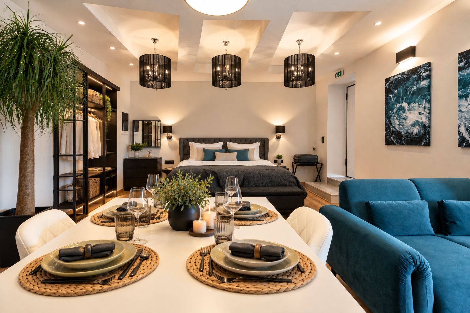 Een moderne hotelkamer met een groot bed, een eethoek voor twee personen en een blauwe bank.