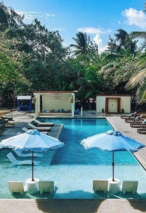 Outdoor pool, open 6:00 AM to 9:00 PM, pool umbrellas, sun loungers