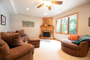 Smart TV, fireplace, video games, DVD player