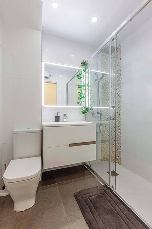 Shower, hair dryer, towels, soap