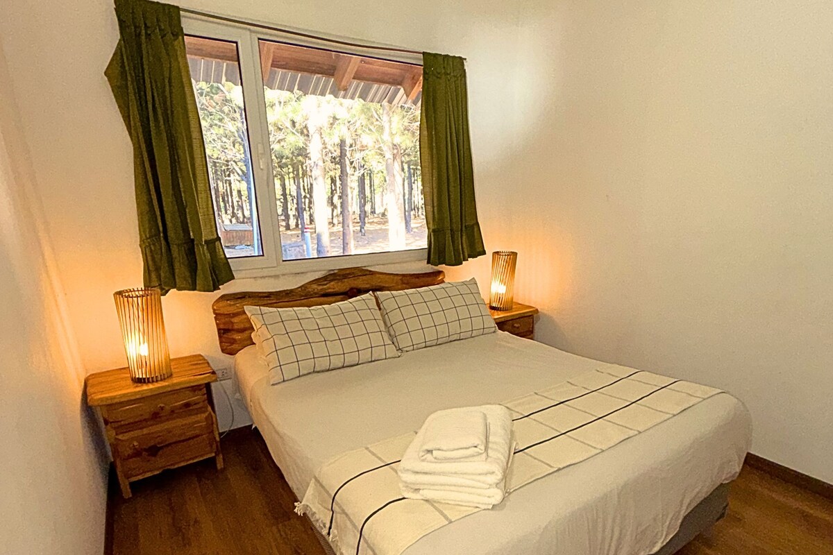 A bedroom with a wooden ceiling, a bed with white bedding, two bedside lamps, and a window with curtains.