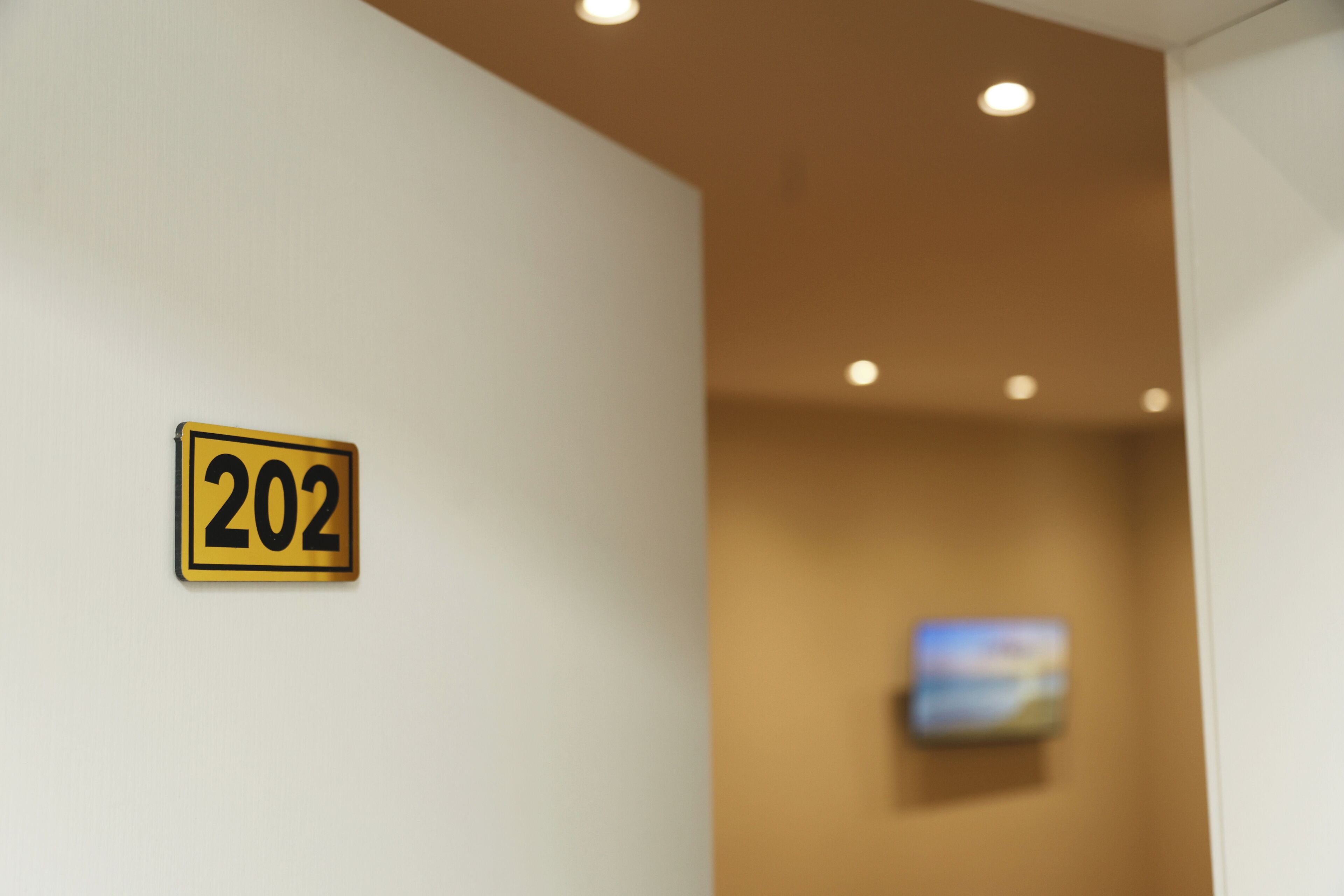 Um corredor com uma placa indicando '202' e uma obra de arte desfocada na parede.